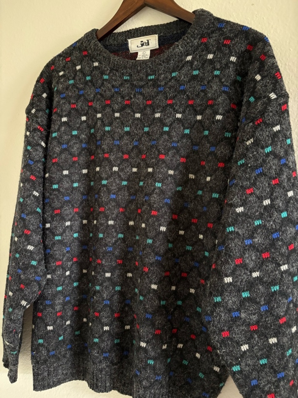 Vintage JED 90s Geometric Knit Sweater | Charcoal Gray Multi | Men's Large - Picture 2 of 5